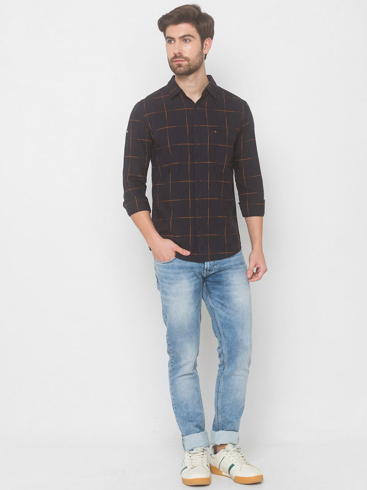 SPYKAR Men Black Windowpane Checks Checked Pure Cotton Casual Shirt