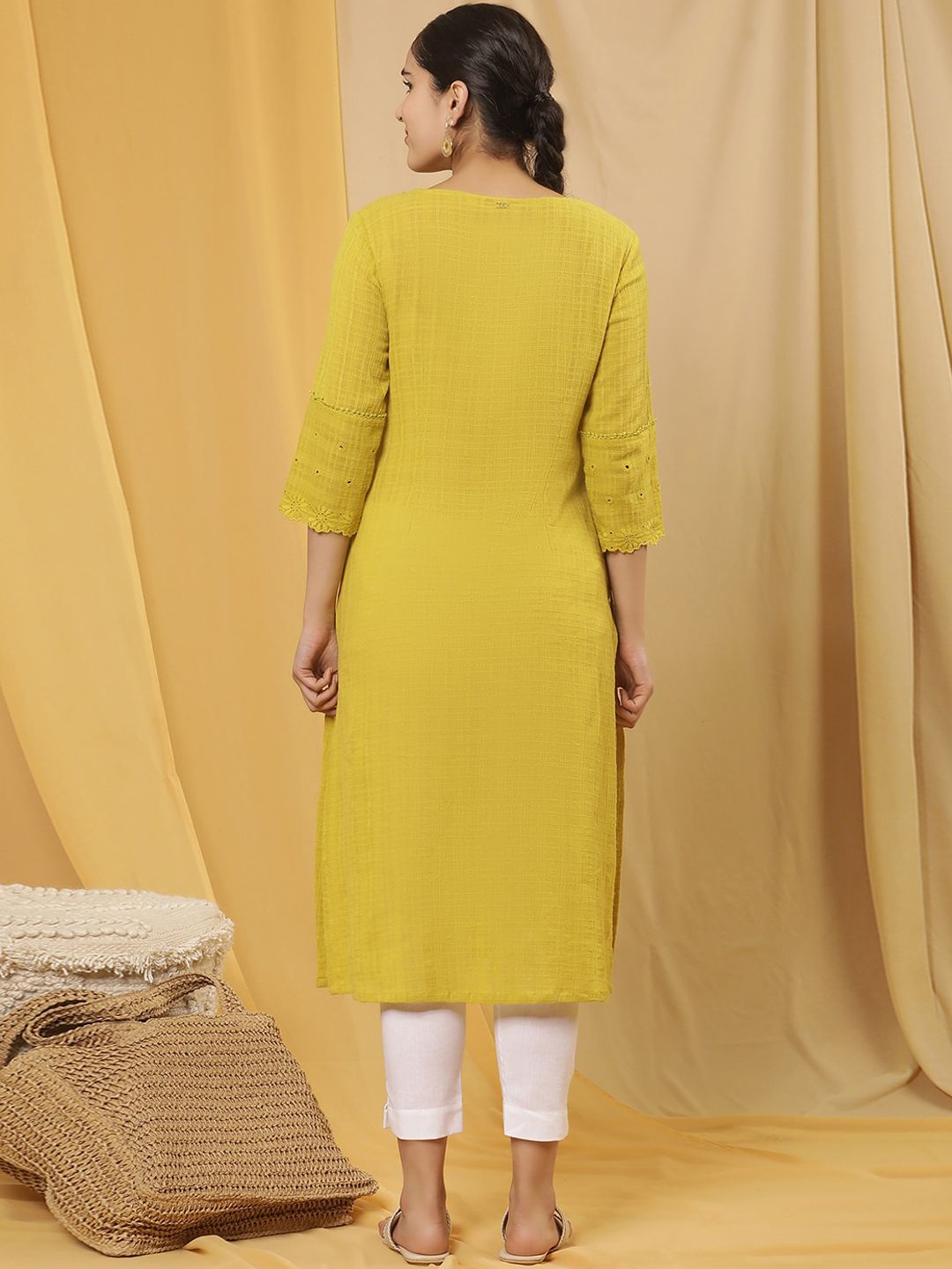 W Yellow Floral Yoke Design Thread Work Pure Cotton Straight Kurta