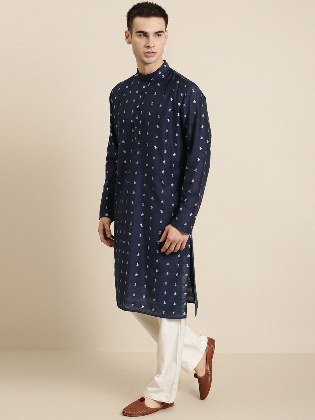 SOJANYA Band Collar Ethnic Motifs Woven Design Kurta