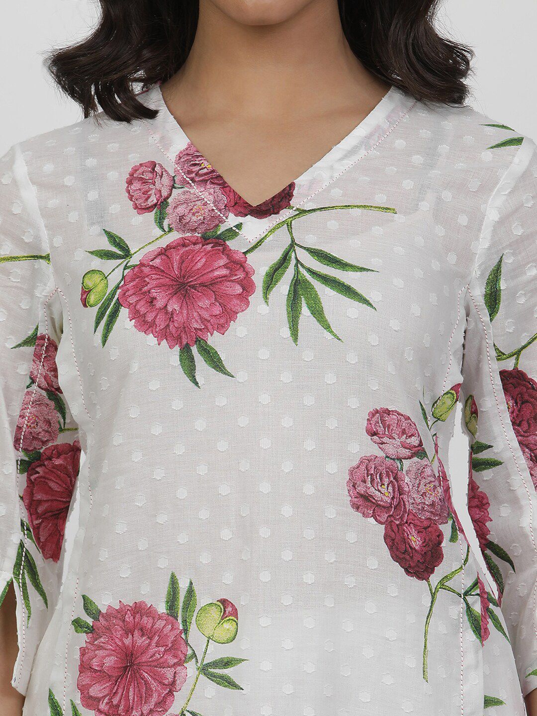 W White Floral Printed Pure Cotton Straight Kurta