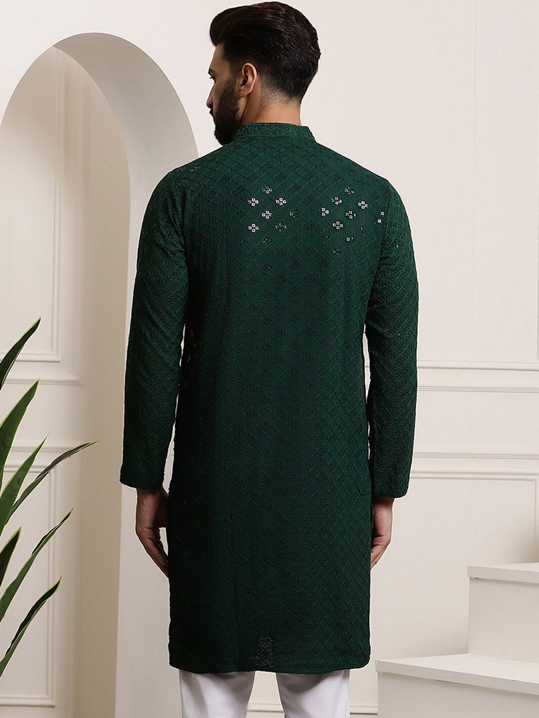 SOJANYA Mandarin Collar Sequins Embellished Pure Cotton Straight Kurta