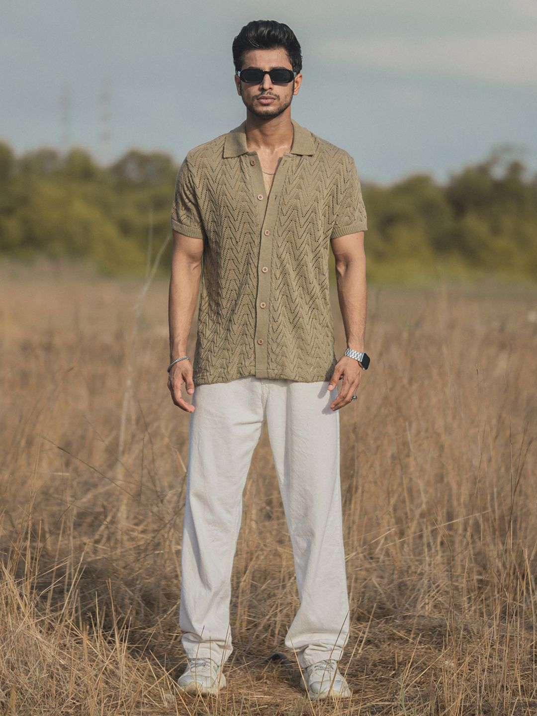 Powerlook Beige India Slim Geometric Self Design Spread Collar Casual Shirt