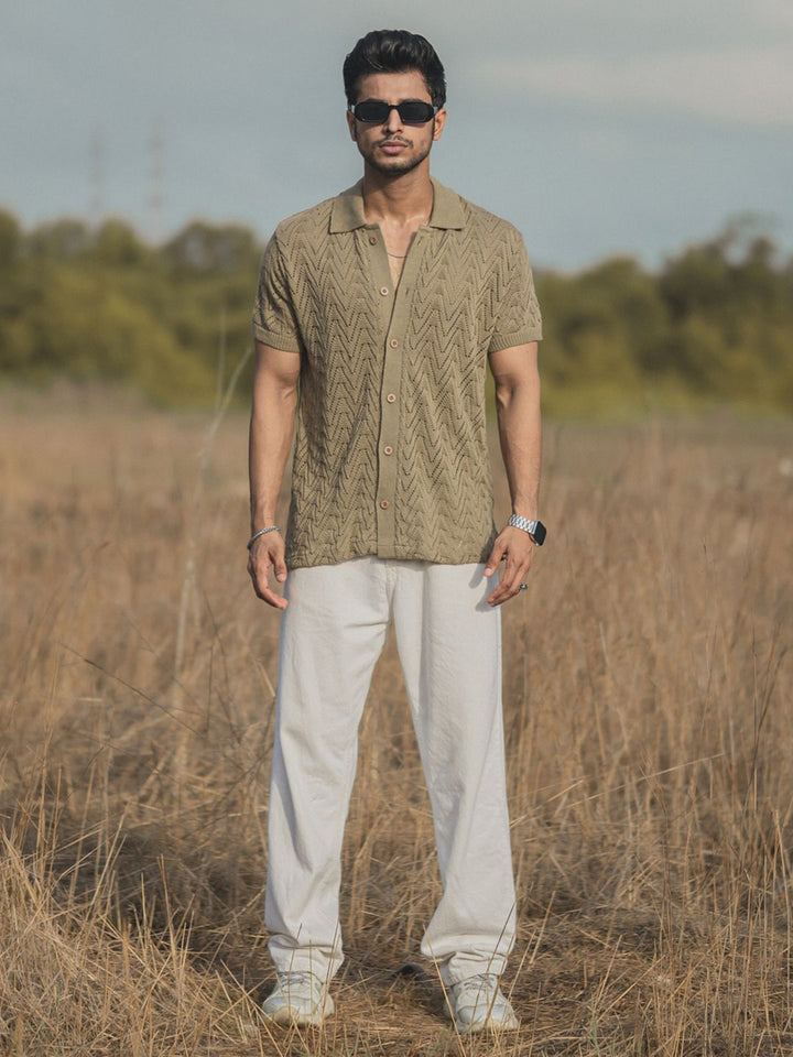 Powerlook Beige India Slim Geometric Self Design Spread Collar Casual Shirt