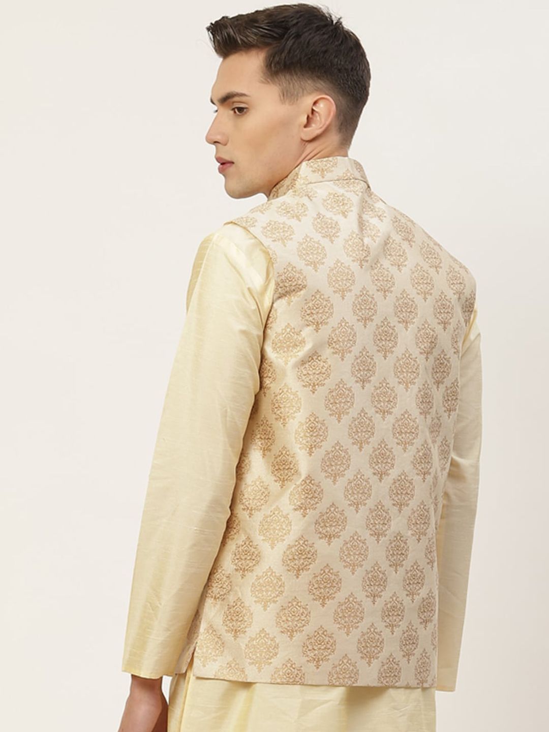 Jompers Cream Ethnic Motifs Printed Regular Fit Silk Blend Nehru Jacket