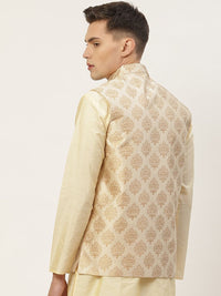 Jompers Cream Ethnic Motifs Printed Regular Fit Silk Blend Nehru Jacket