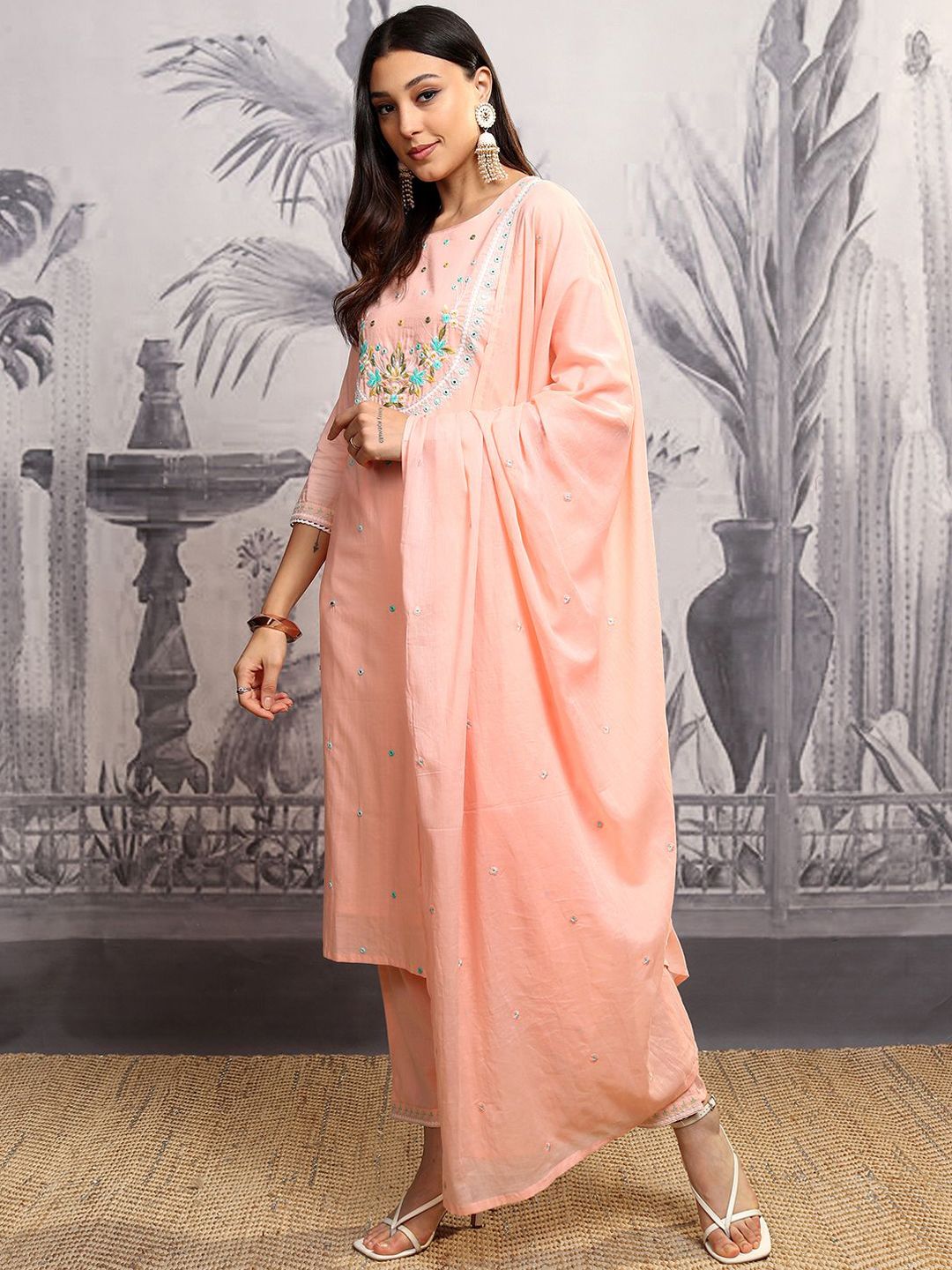 Vishudh Women Embroidered Thread Work Pure Cotton Kurta with Trousers & With Dupatta