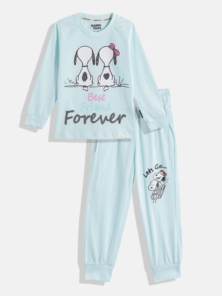 Happy Faces Girls Pure Cotton Peanuts Printed T-shirt with Joggers