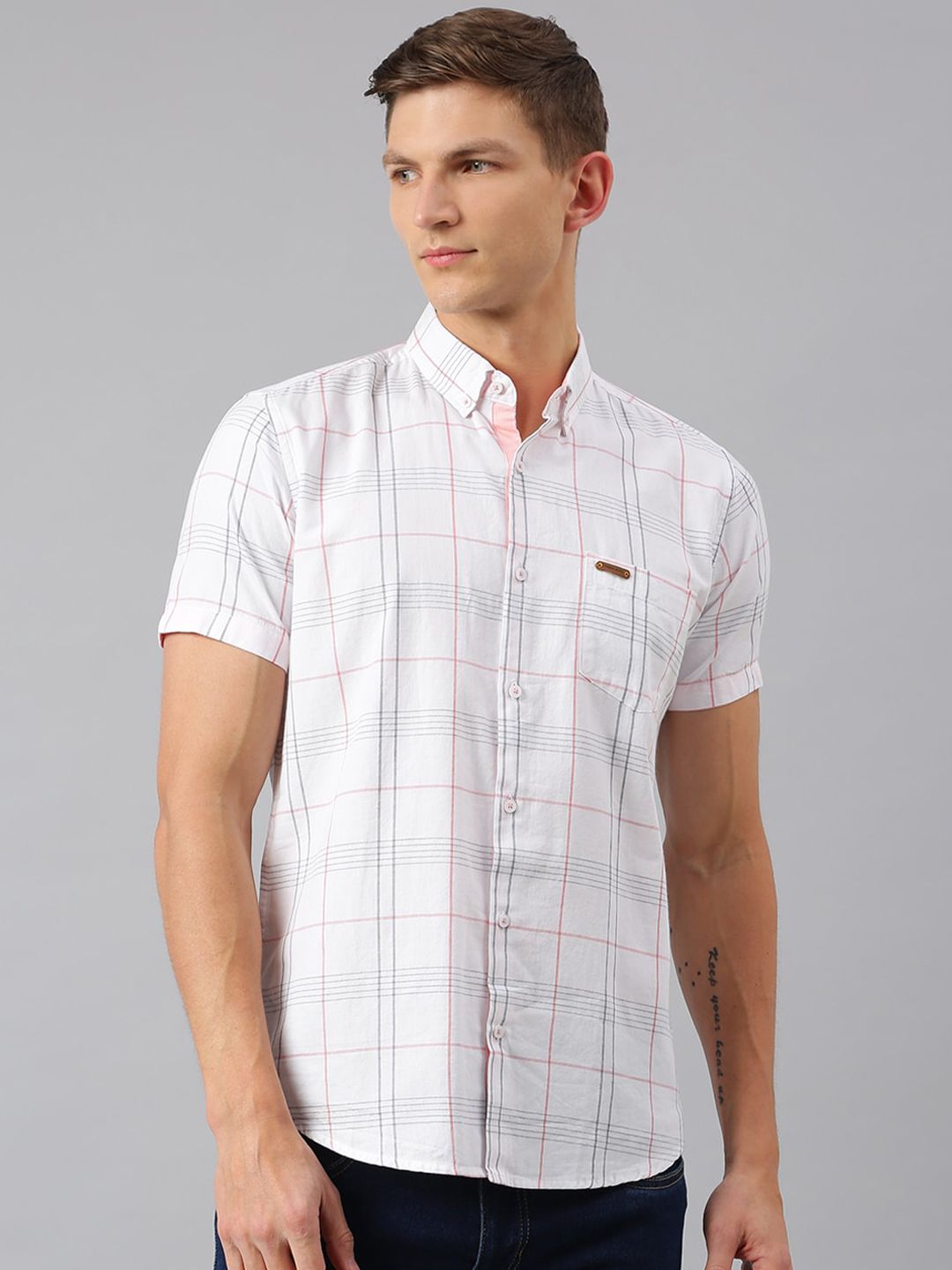 Thomas Scott Men White Slim Fit Checked Casual Shirt