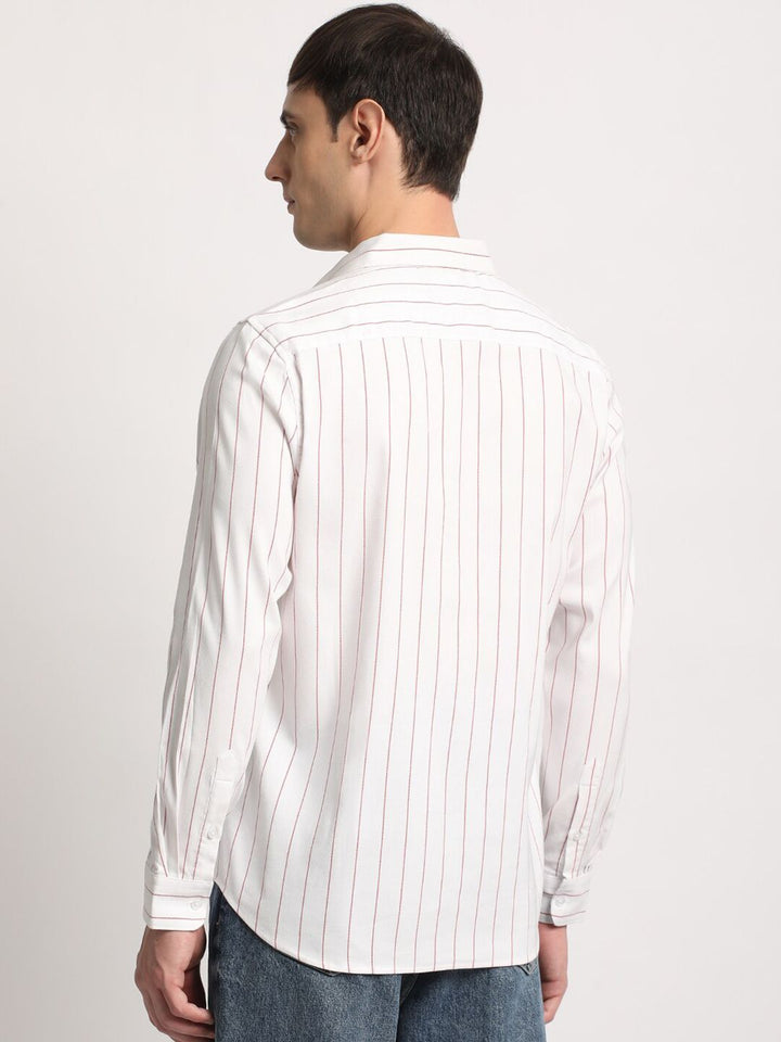 THE BEAR HOUSE Slim Fit Vertical Stripes Twill Spread Collar Casual Shirt