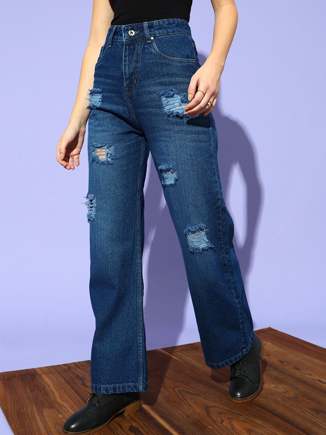 STREET 9 Women Blue Flared High-Rise Highly Distressed Light Fade Jeans