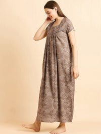 Sweet Dreams Brown Ethnic Motifs Printed Pure Cotton Maxi Nightdress