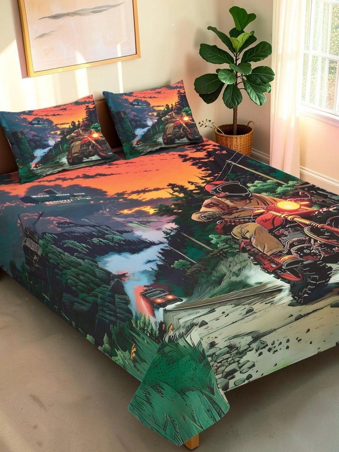 Moda Rapido X KLOTTHE Green & Orange Graphic 400 TC King Bedsheet with 2 Pillow Covers