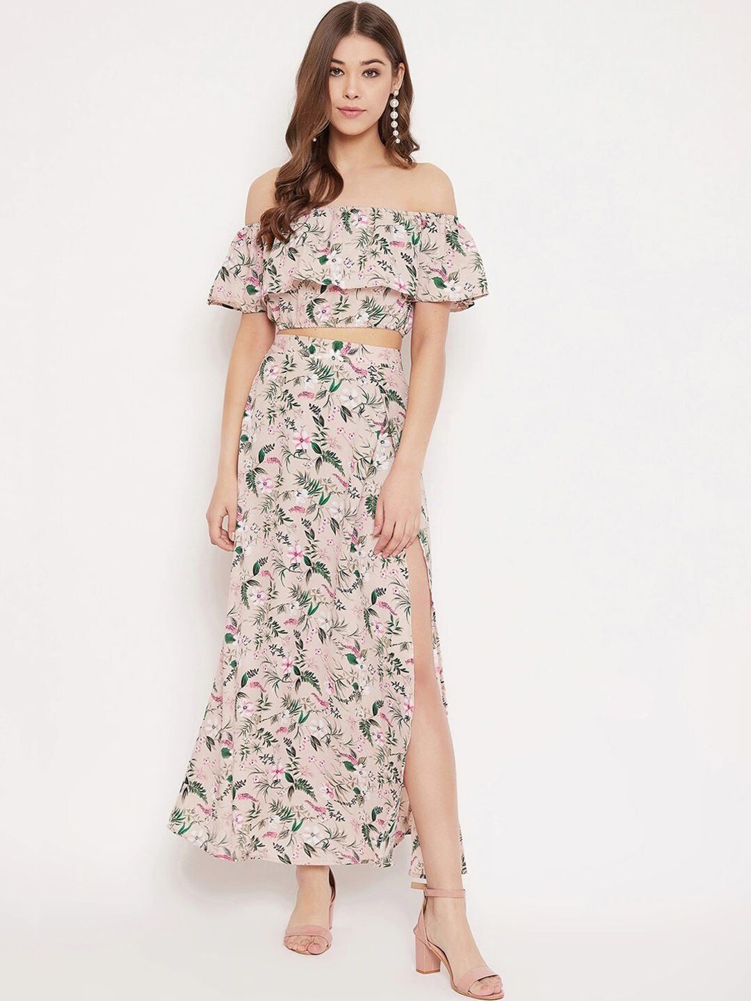 Berrylush Women Beige & Green Printed Top with Skirt