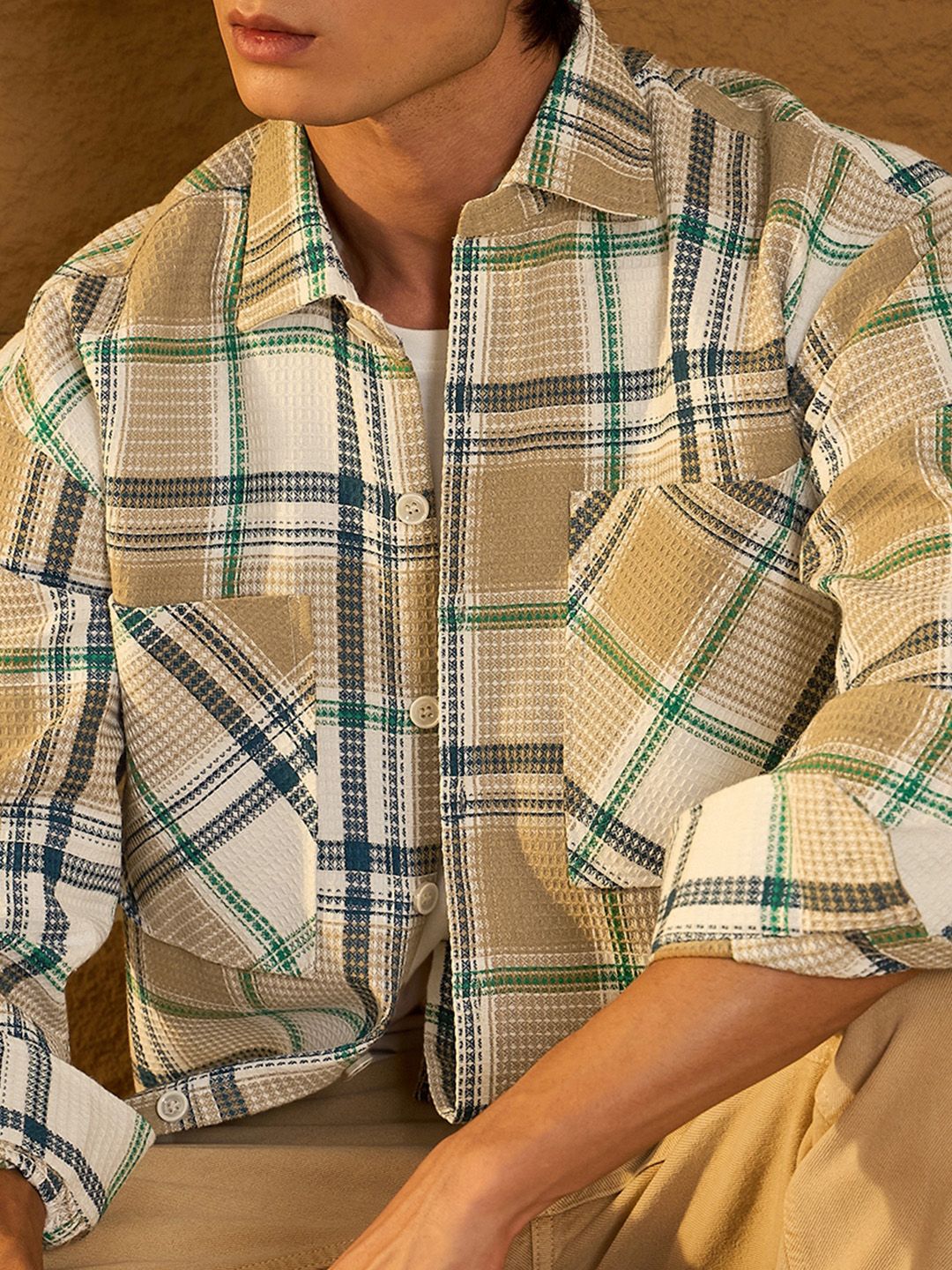 DENNISON Men Double Pocket Drop Shoulder Oversized Cotton Checked Shacket