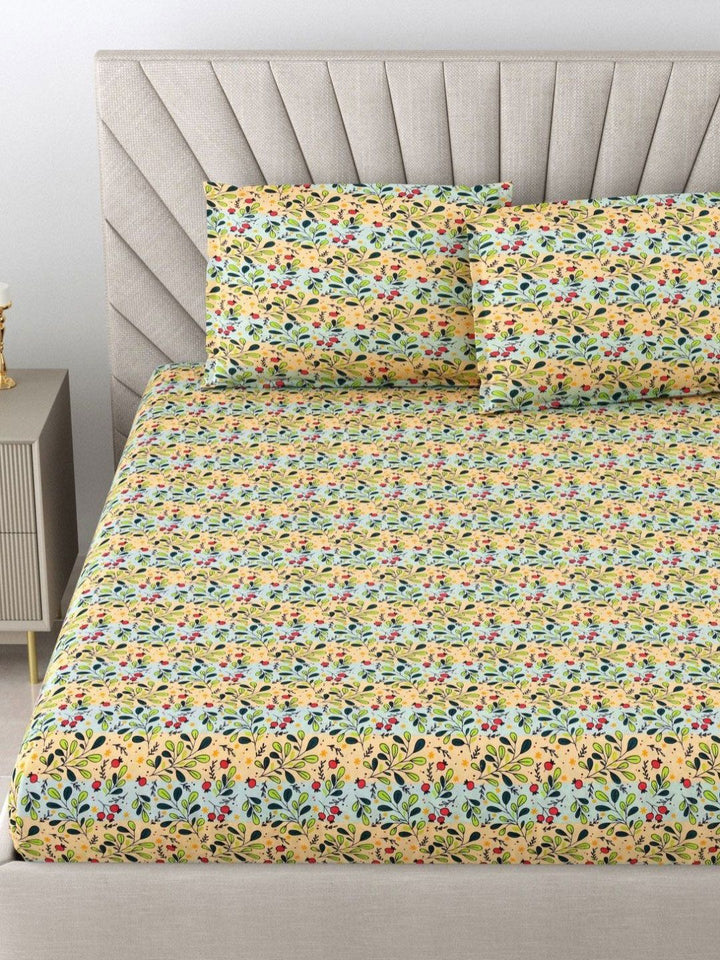 BOMBAY DYEING Dream Lover Green Floral 104 TC Cotton Queen Bedsheet Set-2.24 m X 2.54 m