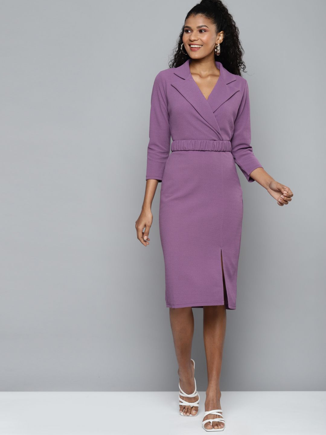 SASSAFRAS Lavender Notch Collar Belted Dress