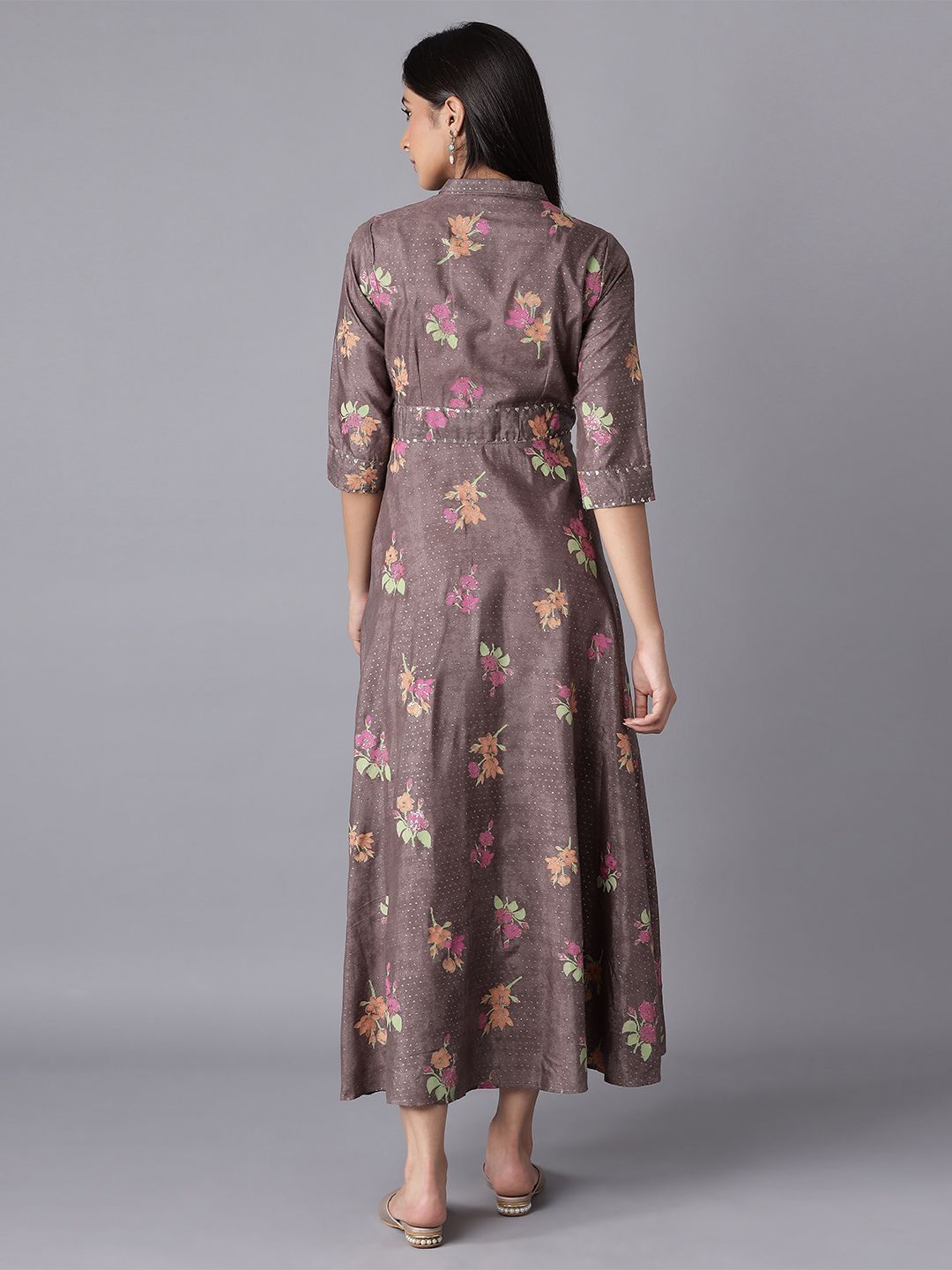 W Women Festive Floral Print Shantung Flared Ethnic Dress