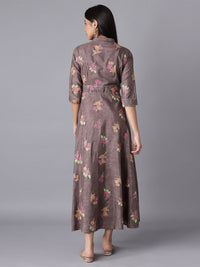W Women Festive Floral Print Shantung Flared Ethnic Dress