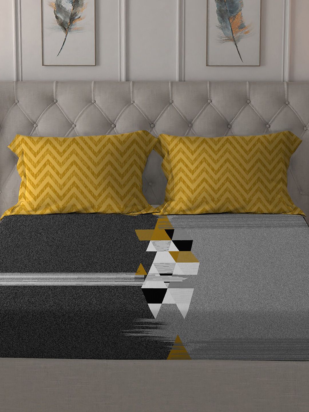 MYTRIDENT Grey Melange  White Geometric Cotton 144 TC Queen Bedsheet With 2 Pillow Covers