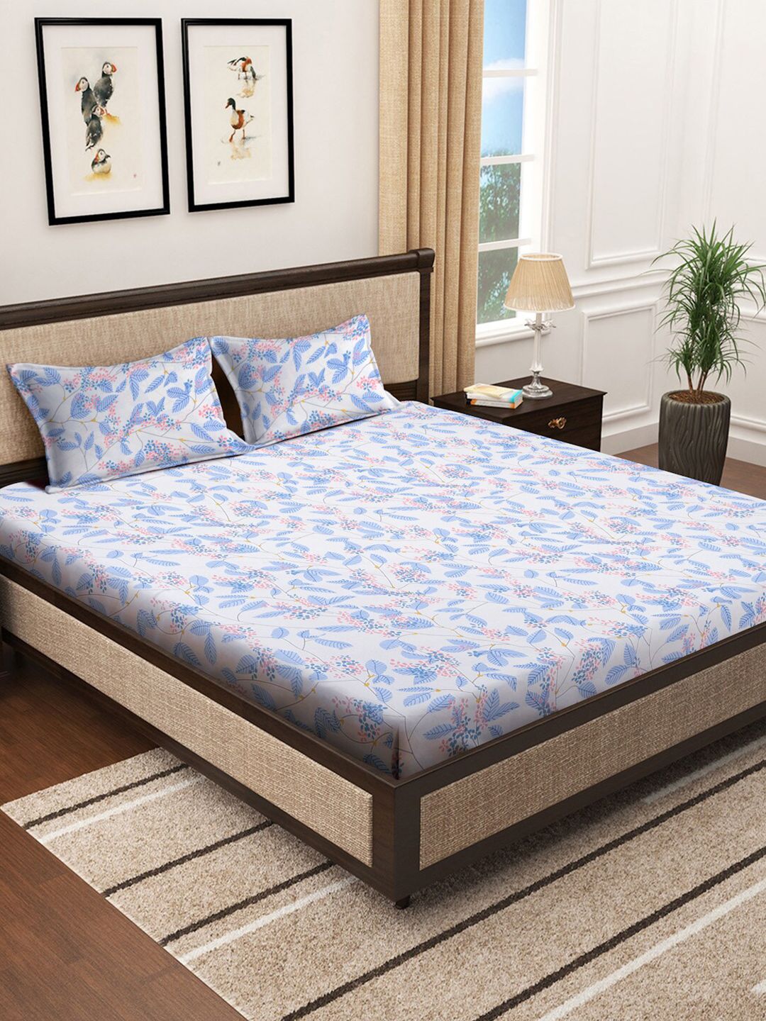 KLOTTHE White & Blue Floral Printed 300 TC King Bedsheet With 2 Pillow covers