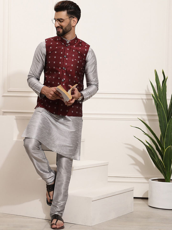 SOJANYA Set Kurta Solid Melange Kelabu Lelaki Dengan Jaket Bercetak