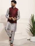 SOJANYA Set Kurta Solid Melange Kelabu Lelaki Dengan Jaket Bercetak