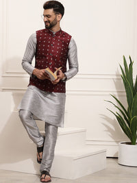 SOJANYA Set Kurta Solid Melange Kelabu Lelaki Dengan Jaket Bercetak
