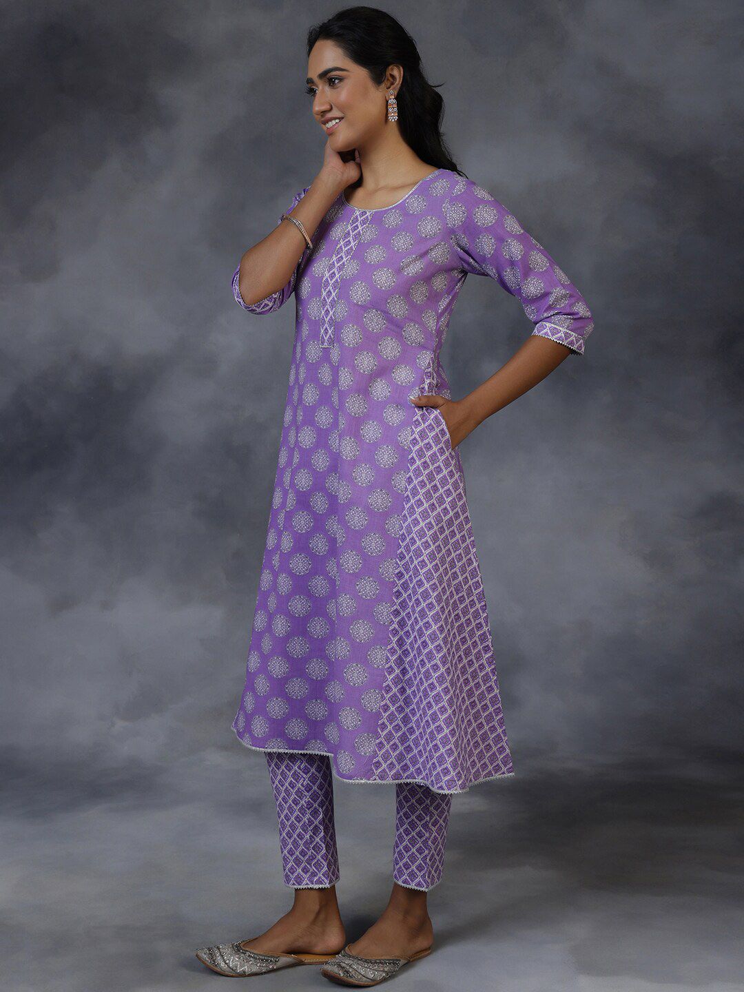 Libas Ethnic Motifs Printed A-Line Pure Cotton Kurta with Trousers & Dupatta