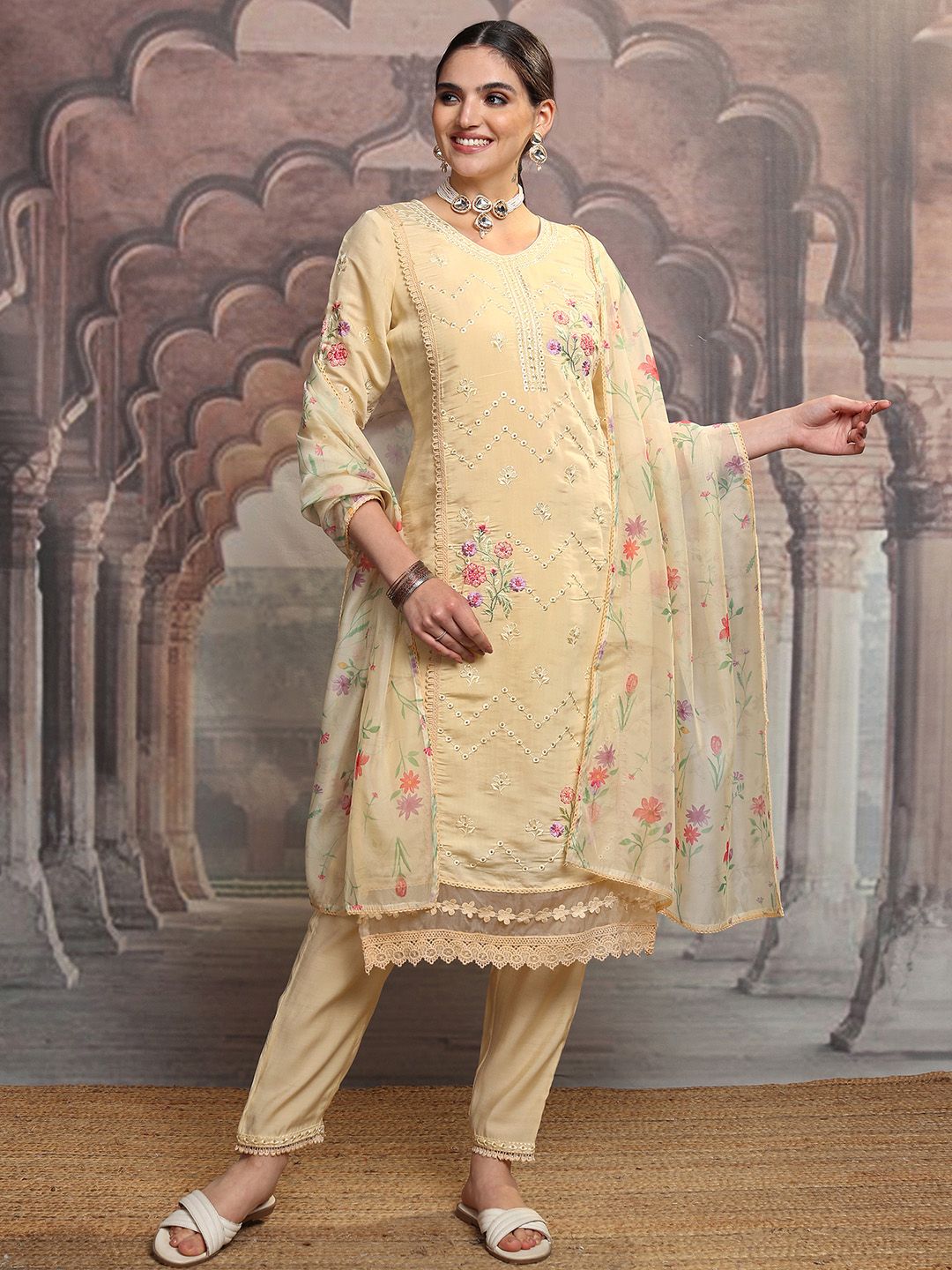 Vishudh Yellow Floral Embroidered Mirror Work Straight Kurta With Trousers & Dupatta