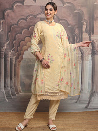 Vishudh Yellow Floral Embroidered Mirror Work Straight Kurta With Trousers & Dupatta
