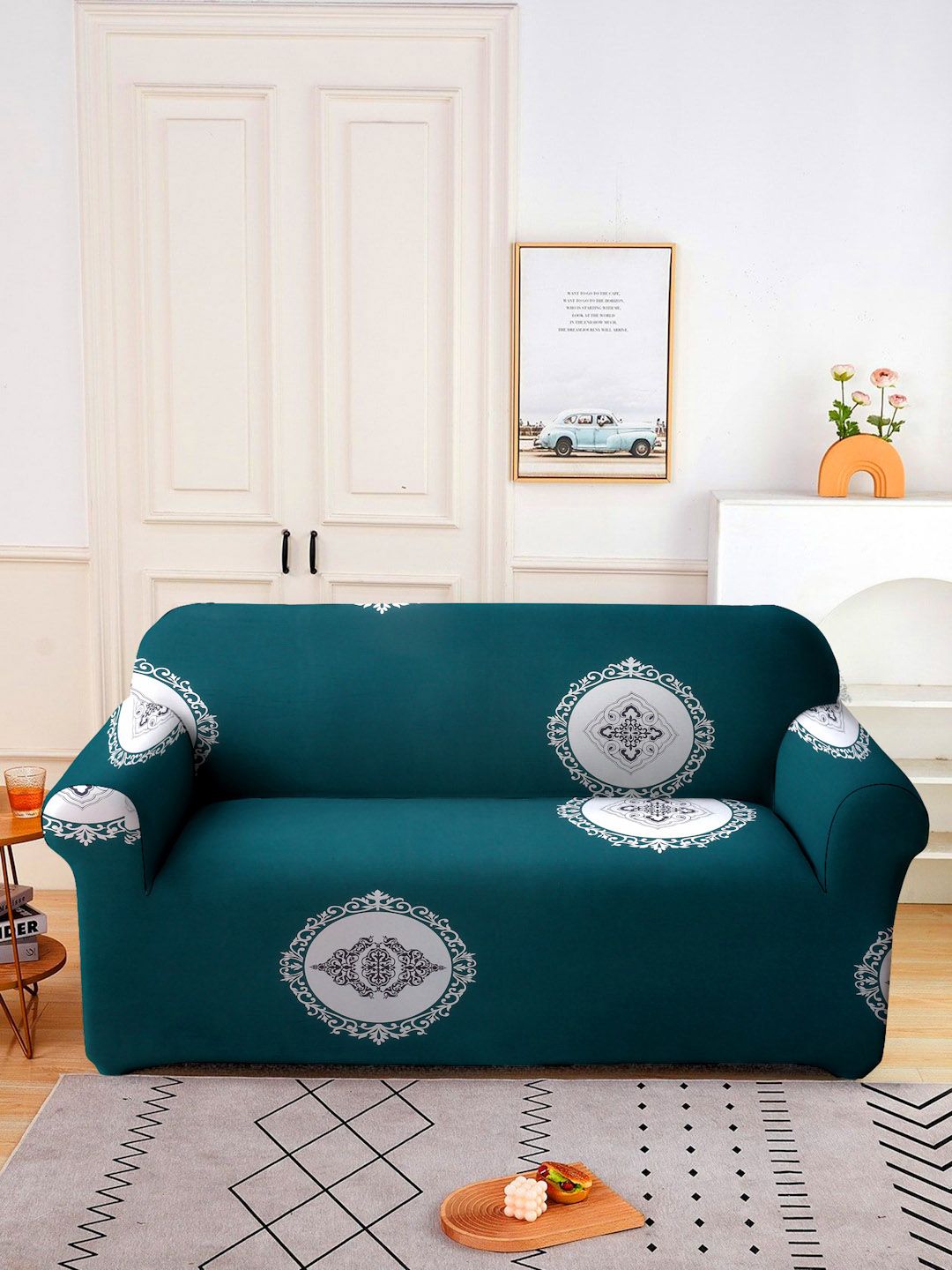 Sarung Sofa Dua Tempat Duduk Bercetak Etnik Cortina Hijau &amp; Putih