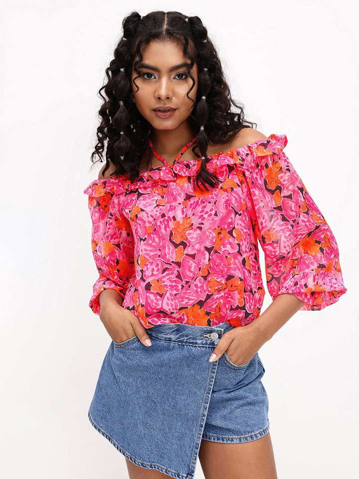 DressBerry Vibrant Floral Print Off-Shoulder Top