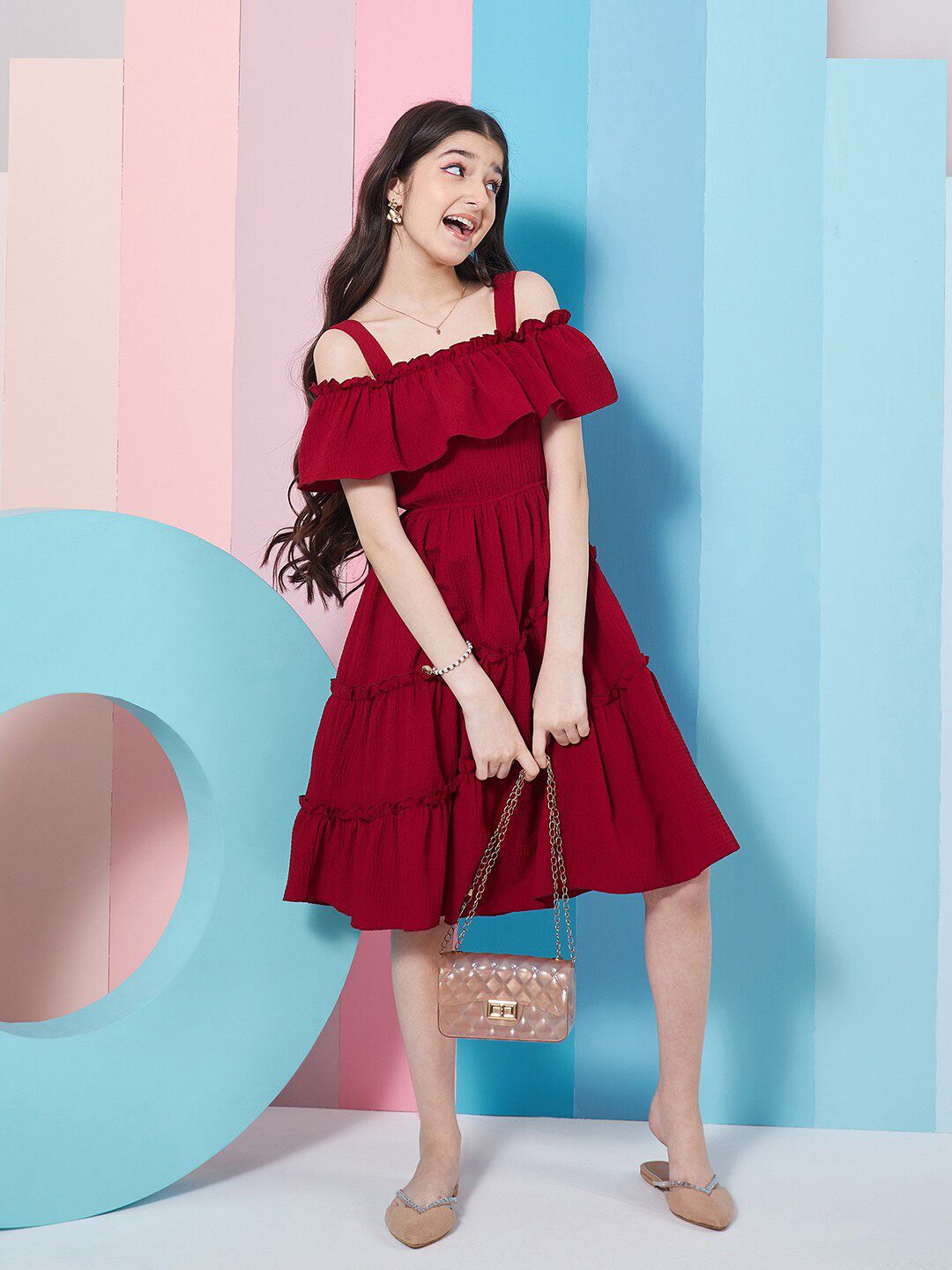pspeaches Girls Shoulder Straps Cold-Shoulder Fit & Flare Dress