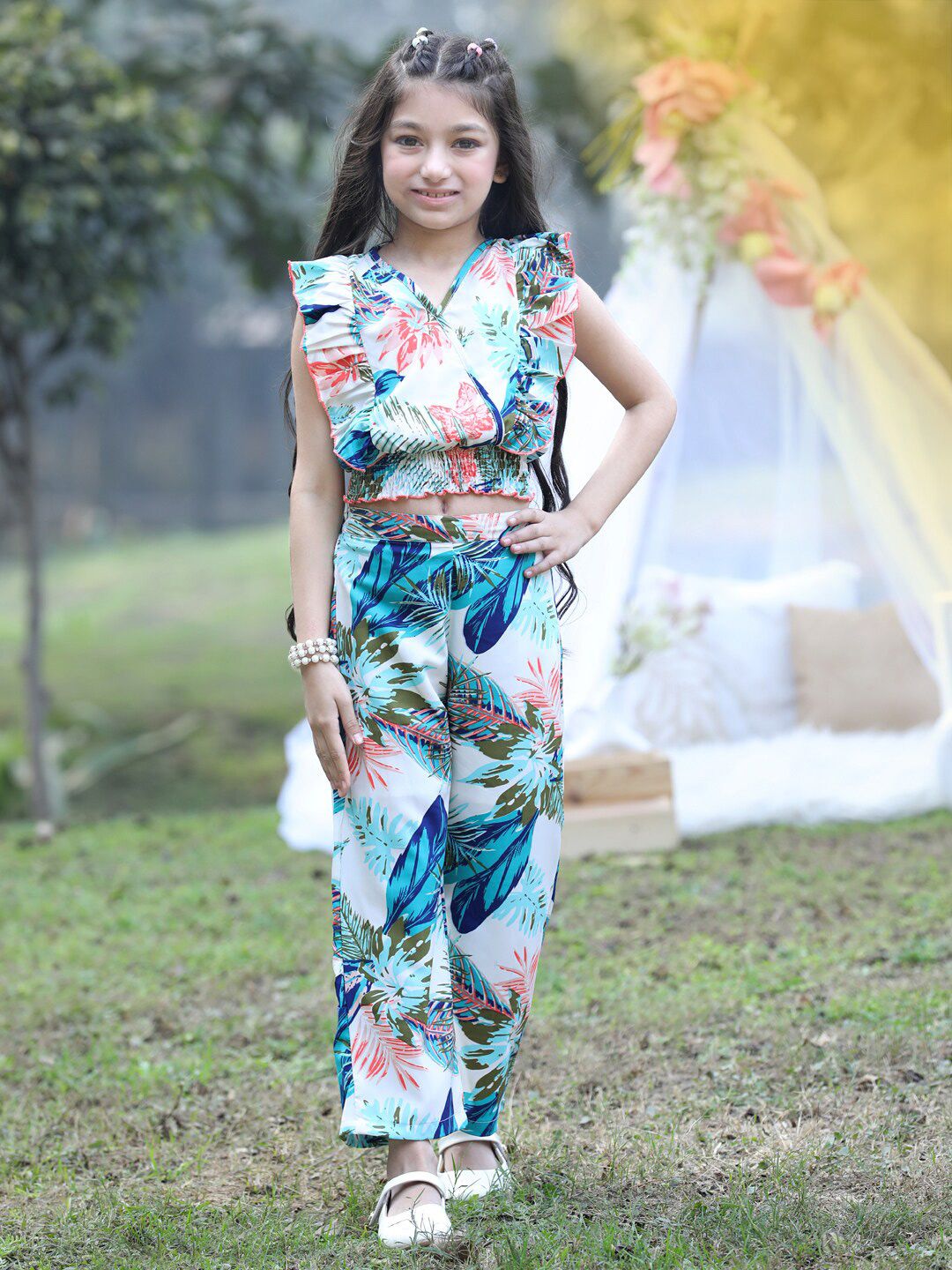 Cutiekins Girls Printed V-Neck Top with Trousers