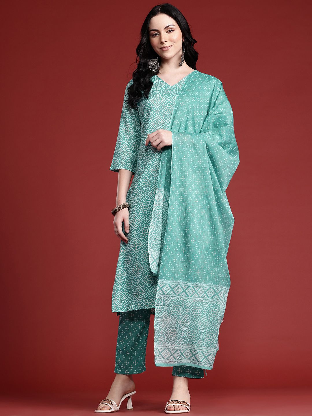 Anouk Geometric Printed Kurta with Trousers & With Dupatta