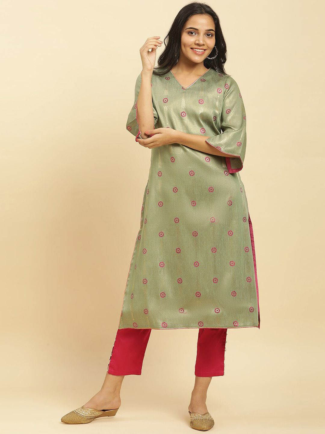 W Floral Woven Design V-Neck Three-Quarter Sleeve Gotta Patti Kurta