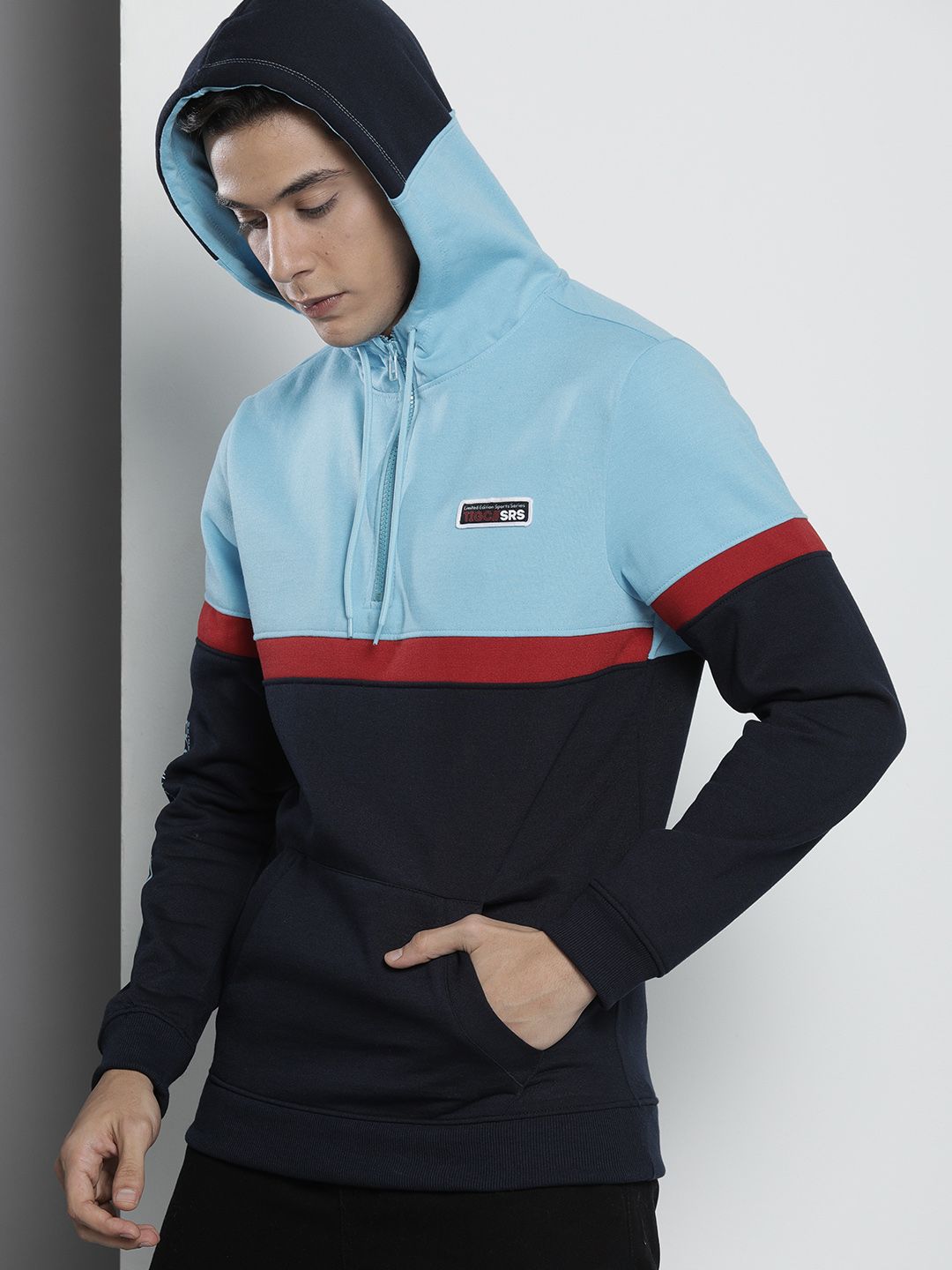 The Indian Garage Co Men Navy Blue Colourblocked Hooded Sweatshirt