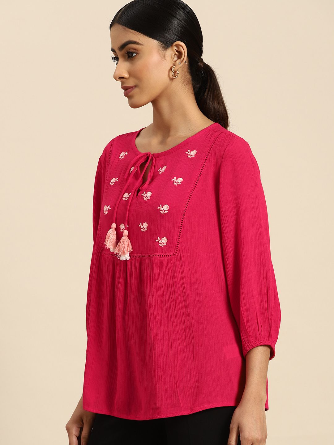 all about you Floral Embroidered Tie-Up Neck Top