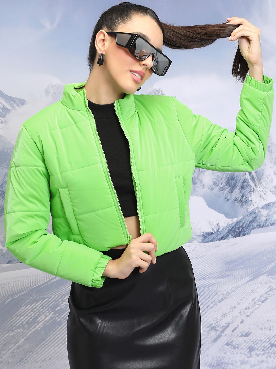 Tokyo Talkies Green Mock Collar Crop Padded Jacket