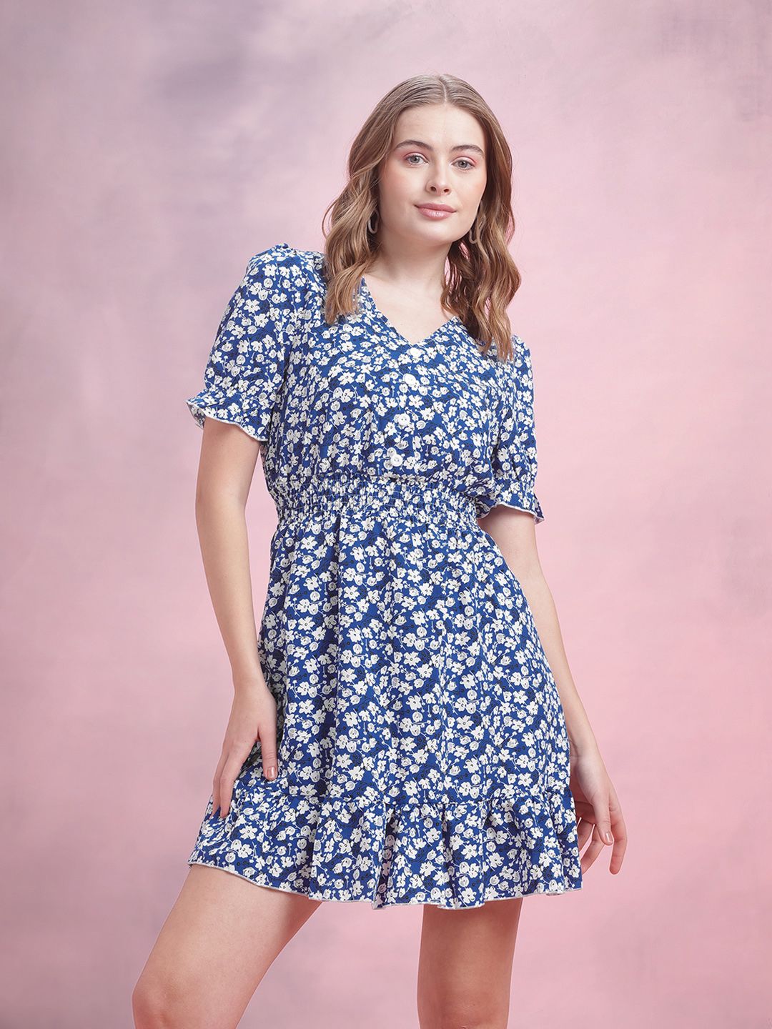 DressBerry Floral Print Smocked Puff Sleeves A-Line Mini Dress with Buttons