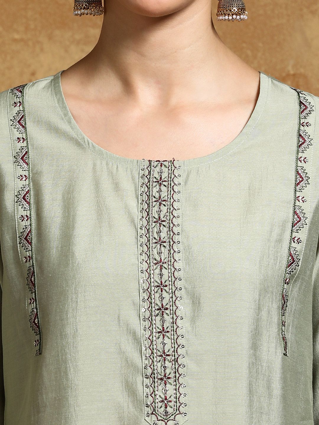 Varanga Floral Yoke Design Sequinned Straight Kurta With Trousers And Dupatta