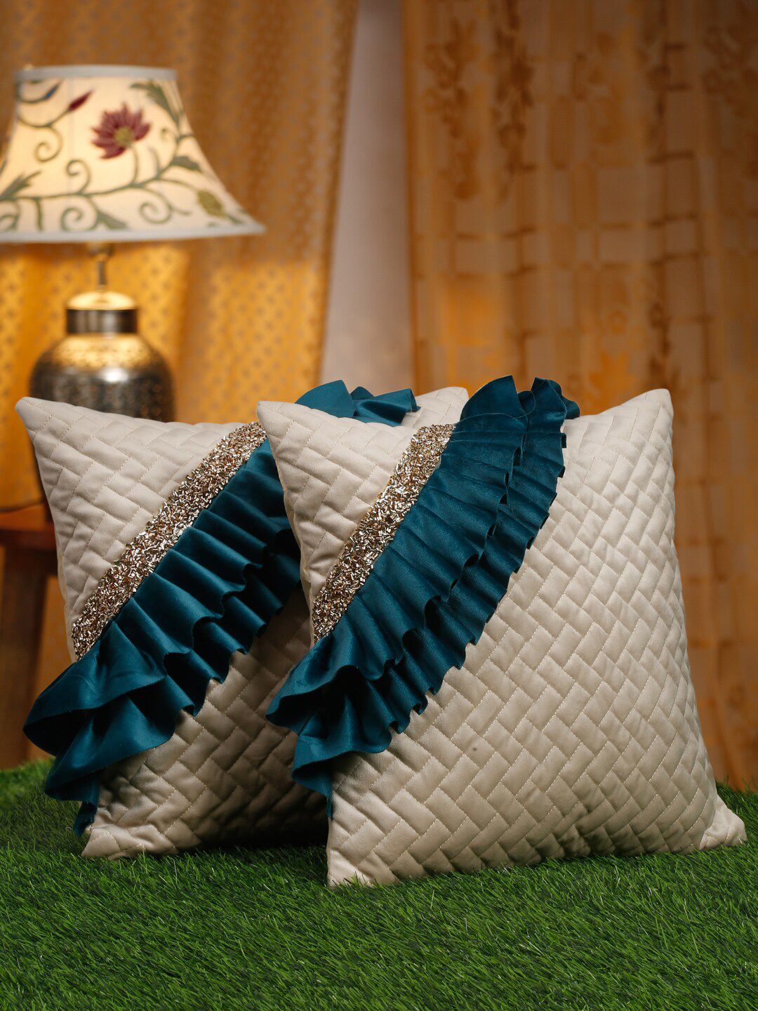 HOSTA HOMES Off White & Green 2 Pieces Geometric Square Cushion Covers