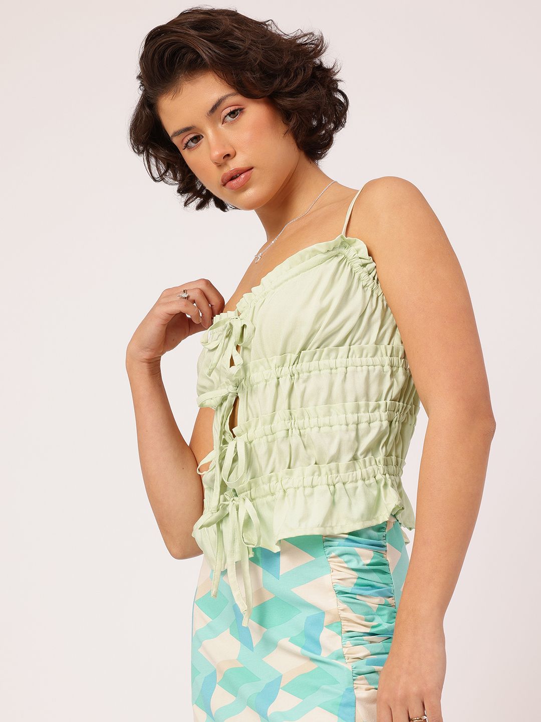 DressBerry Flirty Tie-Up Bows Ruffled Smocked Top