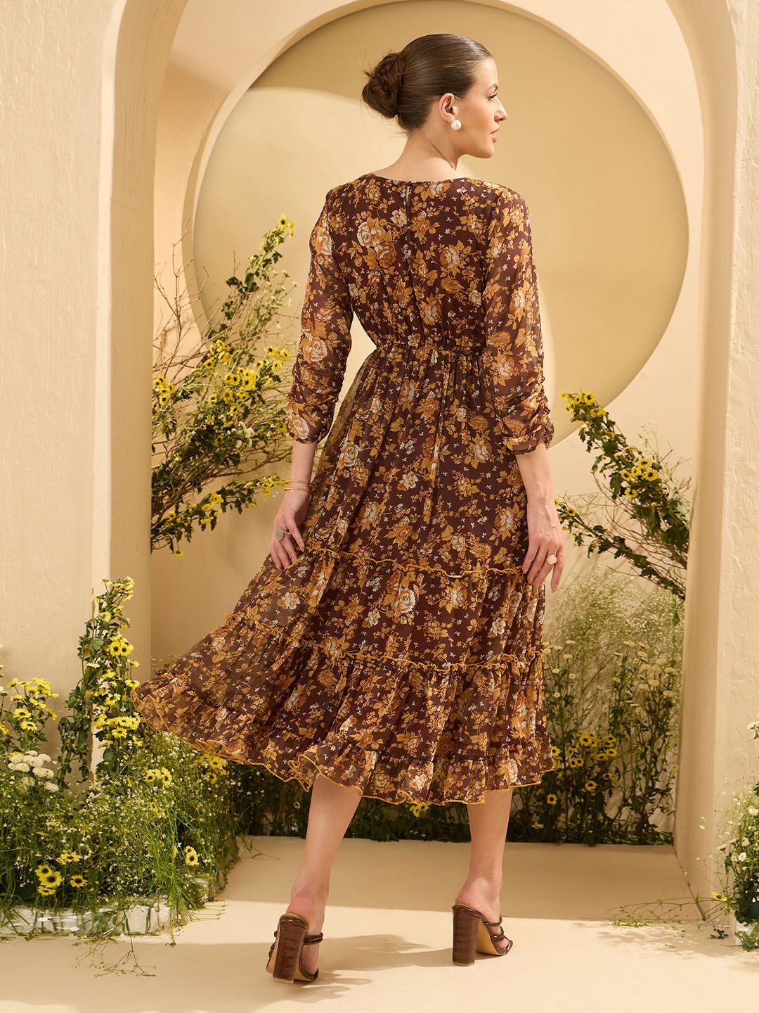 Antheaa Floral Printed Fit dan Flare Midi Dress