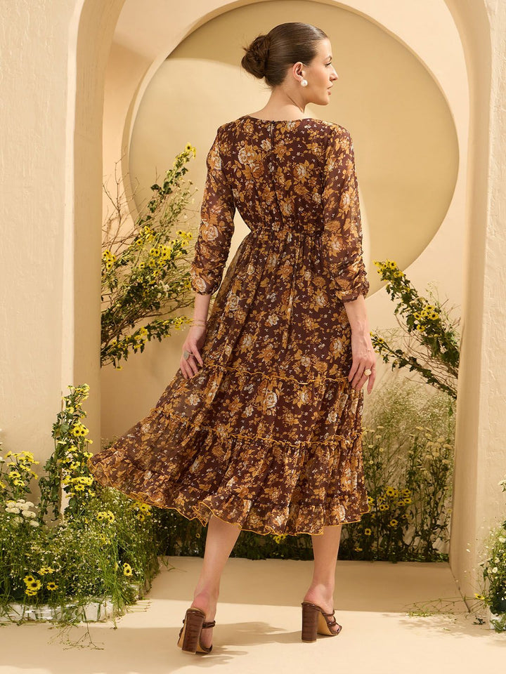 Antheaa Floral Printed Tiered Fit and Flare Midi Dress