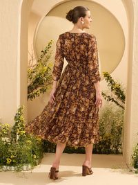 Antheaa Floral Printed Tiered Fit and Flare Midi Dress