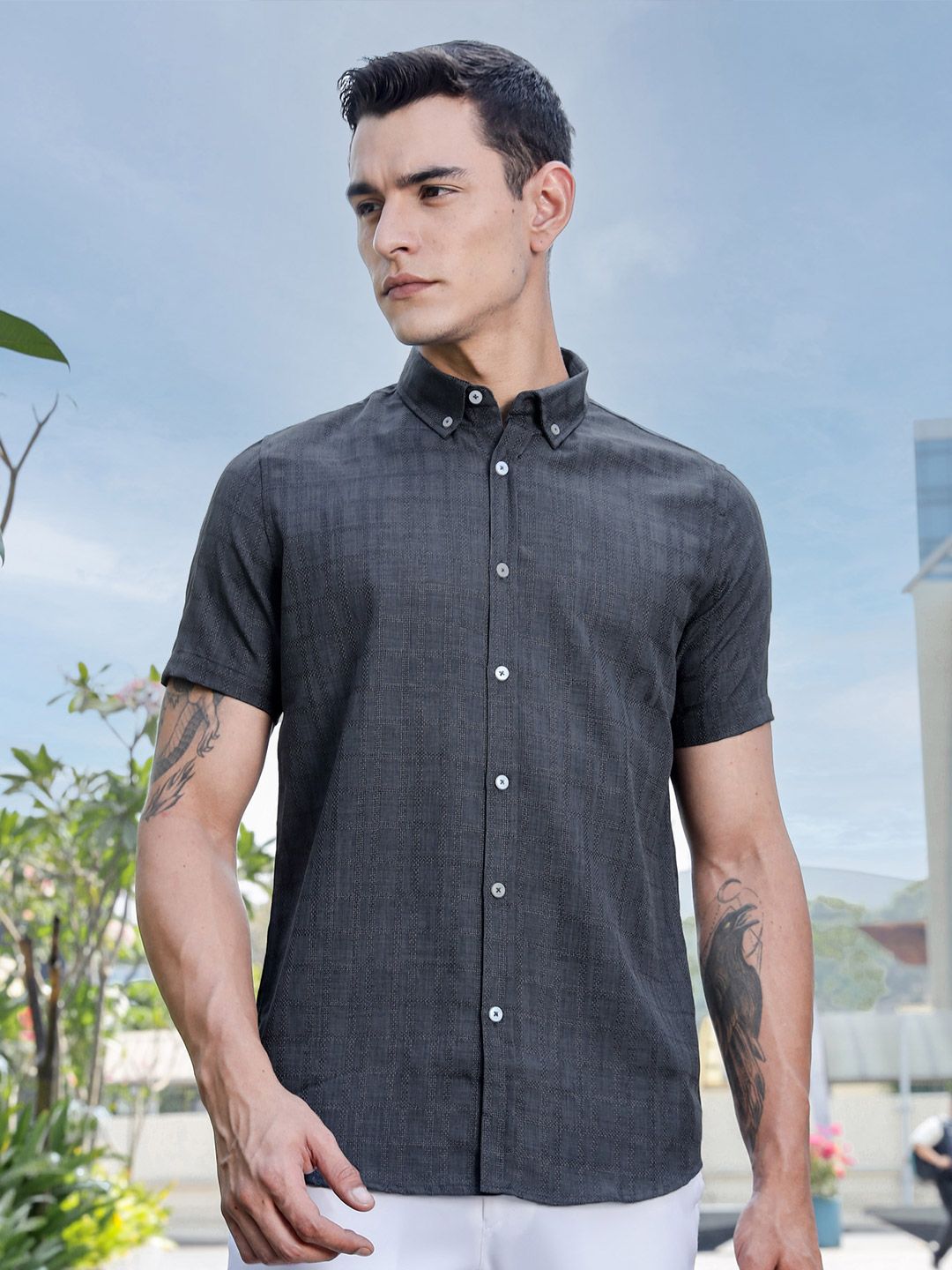 Thomas Scott Men Premium Regular Fit Button-Down Collar Textured Casual Shirt