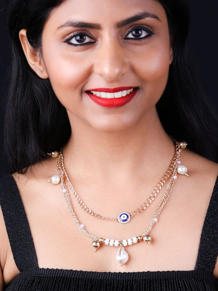 VOGUE PANASH Gold-Plated Evil Eye Stone Studded Layered Chain Necklace
