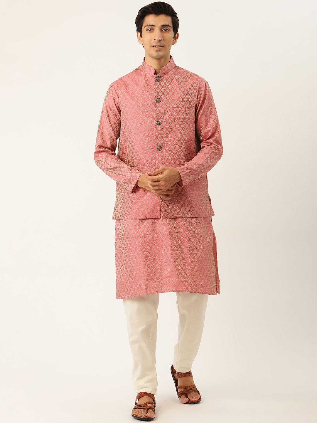 SOJANYA Kurta Motif Etnik Merah Jambu Lelaki dengan Jaket Churidar & Nehru