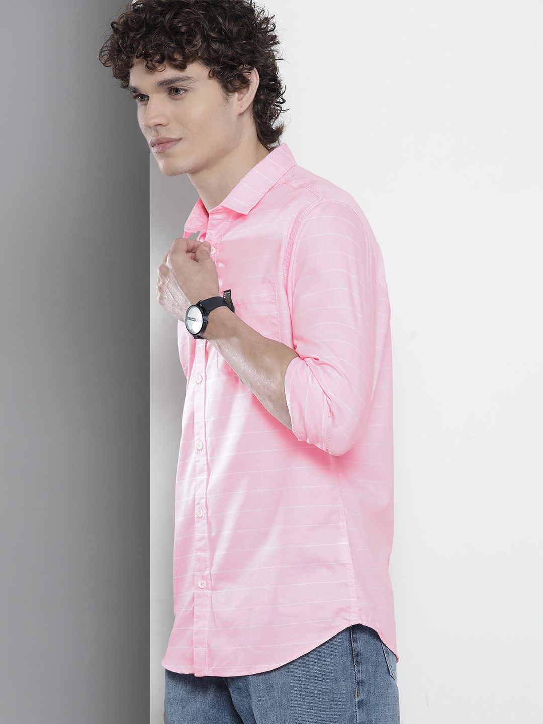 The Indian Garage Co Men Pink Slim Fit Striped Pure Cotton Casual Shirt